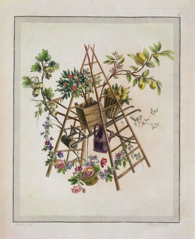 A garden textile design, from Oeuvre contenant un Receuil de Trophees, Attributs, Cartouches, Vases, Fleurs, Ornemens, et Plusieurs Dessins agreeables pour broder des Fauteuils, engraved by Etienne C by Pierre Ranson