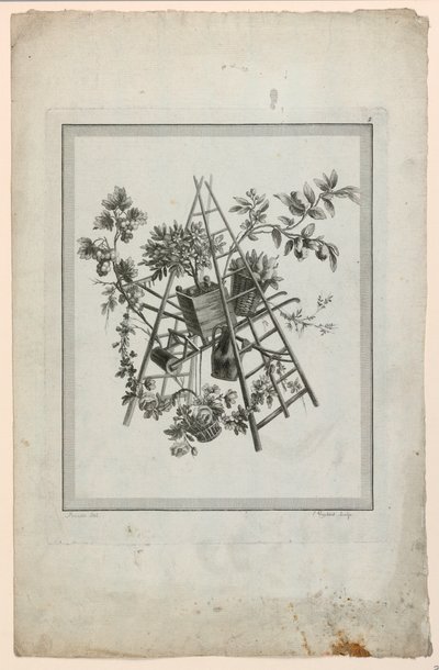 Trophy with Instruments of Gardening, Plate 2 from Suite of Different Attributes, Trophies, and Groups of Flowers, Suite II by Pierre Ranson