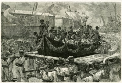 The procession of the Cirio on the eve of All Saints, religious and popular, the image of the Virgin is transported throughout the city on the canoe of a ship that disappeared in 1793, which the survivors offered ex-voto the Miraculous Virgin. Engraving by by Pierre Vignal