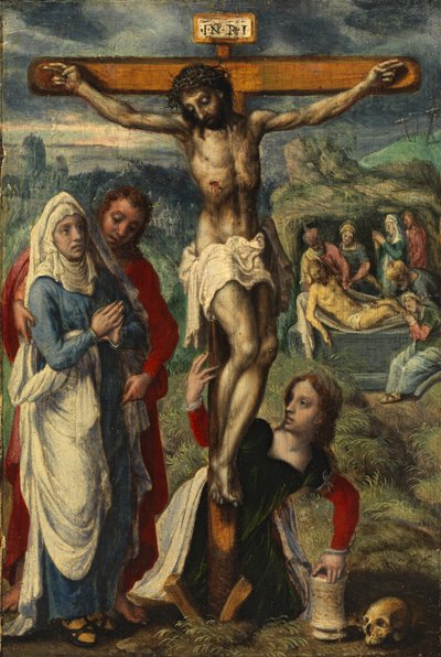 Christ on the Cross, with the Entombment in the Background by Pieter Aertsen