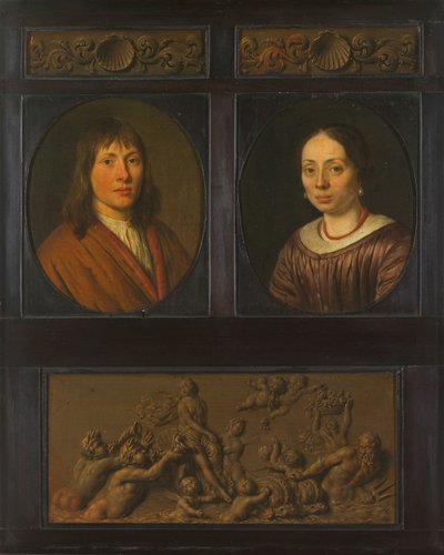 Portraits of a Man and a Woman Framed with Two Ornamental Frieze Miniatures with Shell Motif and a Triumph of Amphitrite by Pieter Cornelisz. van Slingelandt
