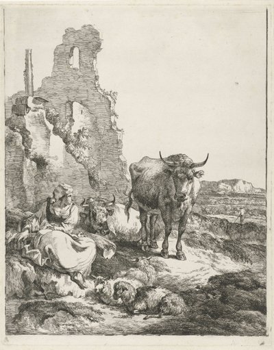 Landscape with Standing and Lying Cow and Shepherdess in Front of a Ruin by Pieter Gerardus van Os
