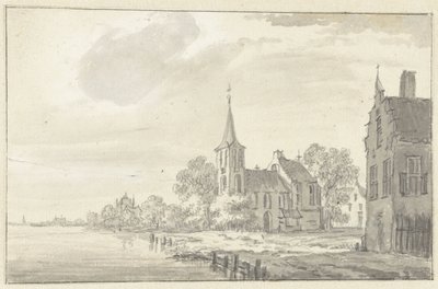 Village Church and Houses by a River by Pieter Jan van Liender