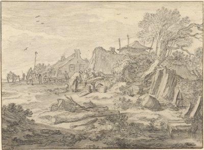 A Farmyard with Men Repairing a Wheel by Pieter Molijn