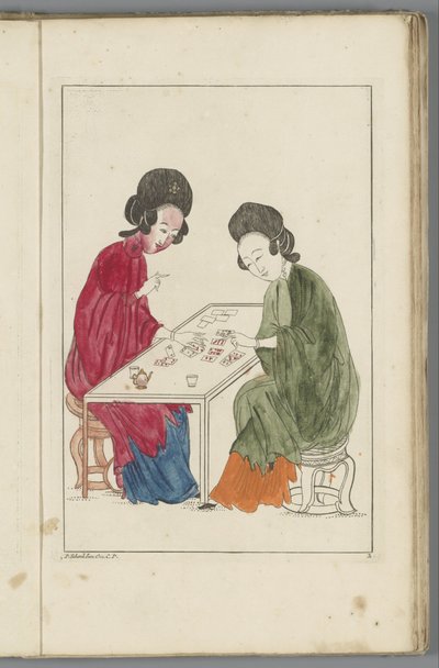 Two Chinese Women Playing a Card Game by Pieter Schenk (II) (possibly)