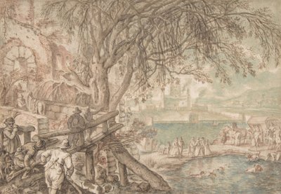 Huntsmen and Company Observing Dogs Retrieving Ducks in a Pond The Month of April by Pieter Stevens