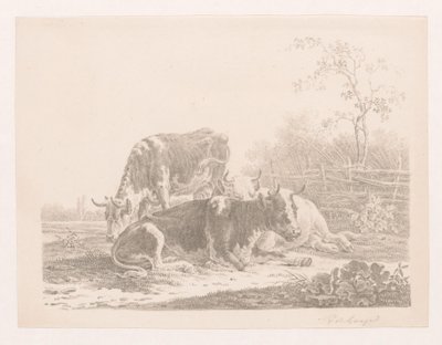 Three Cows in a Meadow by a Fence by Pieter de Goeje