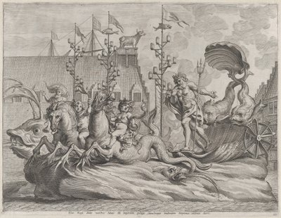 Philip of Spain as Neptune, riding in a chariot drawn by two sea horses, from Gu... by Pieter de Jode II