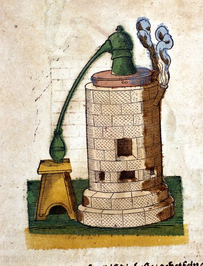 Alchemy: Apparatus for distillation. Engraving from a book by Pietro Andrea Mattioli (Matthiole) (1500-1577). Frankfurt by Pietro Andrea Mattioli
