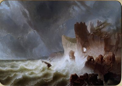 Lone Shore. Marine Landscape with Ship Caught in the Storm and Crashed on the Cliffs. Painting by Pietro Giuria by Pietro Giuria