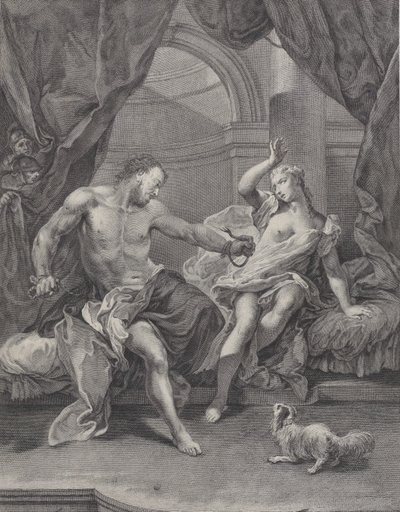 Samson and Delilah Seated on a Bed, Samson Tearing Apart the Ropes Binding His Hand by Pietro Monaco