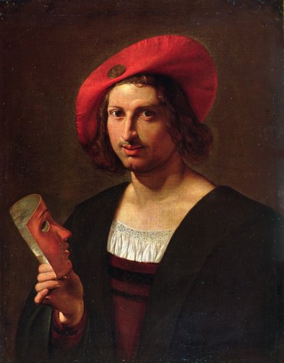 Portrait of a Young Man wearing a Hat with a Badge, holding a Mask by Pietro Paolini