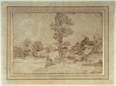 Landscape with a lake and buildings, a mother and child seated by a tree by Pietro Paolo (attr. to) Bonzi