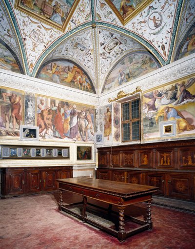 Glimpse of sacristy with Perugino panels, Basilica of Saint Peter, Perugia, Umbria, Italy by Pietro Perugino
