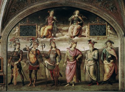 Strength and temperance with six ancient heroes. On the left self-portrait of the artist in trompe-l