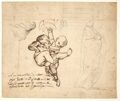 Study for Two Playing Putti, Leaves and a Draped Figure with an Urn by Pietro Testa