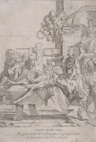 The martyrdom of Saint Erasmus who is prostrate having in innards removed, two putti a... by Pietro Testa