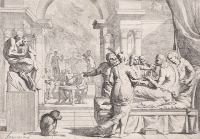 The Prodigal Son Seated on a Couch Being Served Wine, Revelers in the Background by Pietro Testa