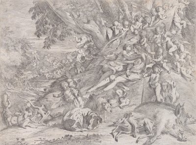 Venus and Adonis, surrounded by many putti, reclining after the hunt, with a dead boar, 1631-37 by Pietro Testa