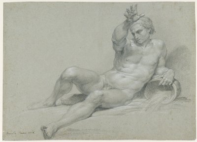 Nude Study of a Reclining Male Model, Right Arm Raised, in the Pose of an Ancient River God, Viewed from the Left by Pompeo Girolamo Batoni