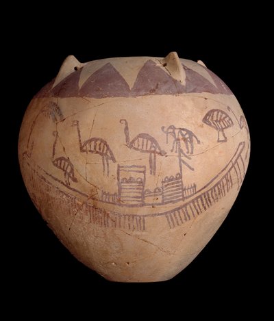 Fired clay jar with painted decoration, including boats and animals, c.3400-3300 BC by Predynastic Period Egyptian