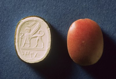 Seal inscribed in Hebrew script for a lady called Hannah and a sphinx with a modern impression of the design, found at Tell ed-duwair (Lachish) Israel by Prehistoric