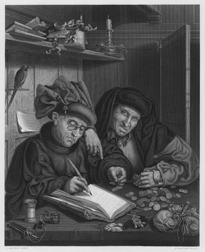 The Misers, from the picture in the Royal Collection by Quentin (after) Massys or Metsys