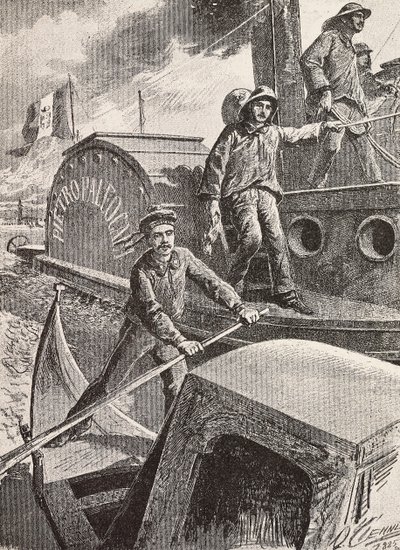 Italian military engineers, lagoon brigade, at work in their new uniforms, engraving from drawing by Quinto Cenni, from L