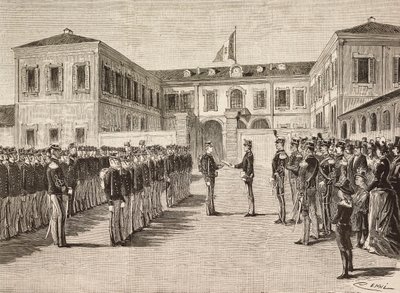 Prince Vittorio Emanuele, Count of Turin, gives degrees to cadets of military academy of Milano, Italy, March 14 by Quinto Cenni