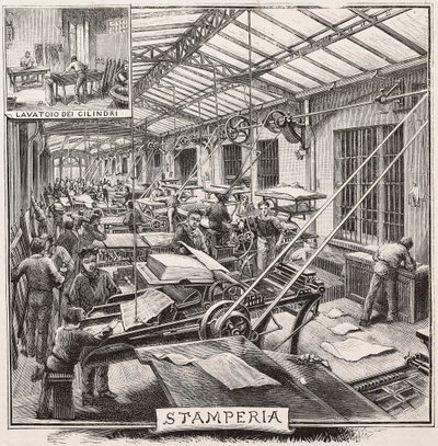 Printing house in Fratelli Treves publishing house, Milan, Italy, engraving from L