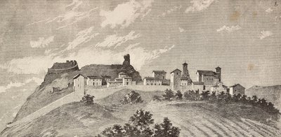 The town of San Giovanni in Galilea, Italy, engraving from a drawing by Quinto Cenni and a sketch by Ulisse Topi, from L