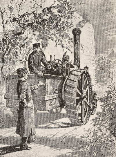 Two Italian military engineers on road locomotive, in their new uniforms, engraving from drawing by Quinto Cenni, from L