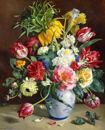 Tulips, Roses, Narcissi and other Flowers in a Blue and White Vase by R. Klausner
