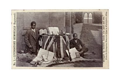James Chuma and Abdullah Susi with David Livingstone artefacts, Newstead Abbey, England, June 1874 by R. and Son Allen