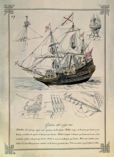 17th Century Galleon in a 19th Century Drawing by Rafael Monleon y Torres