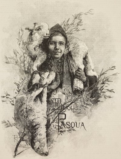 Happy Easter, young man with lamb on his shoulders by Raffaele Faccioli