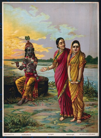 Krishna declaring his love for Radha via a confidante by Raja Ravi Varma