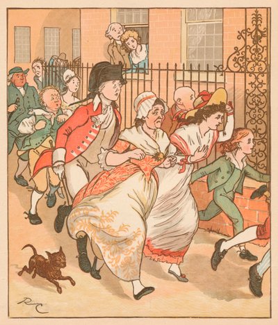 Neighbours rushing to help the good man of Islington by Randolph Caldecott