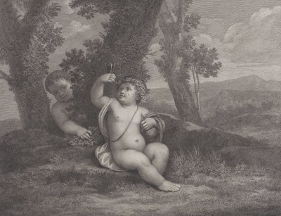 The infant Bacchus seated under a tree, holding up a wine glass, with another infant behind, 1780 by Raphael Morghen