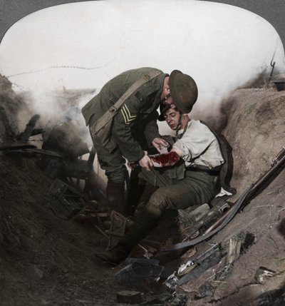 Soldier receiving first aid from a sergeant in a sap, Battle of Peronne, World War I by Realistic Travels Publishers