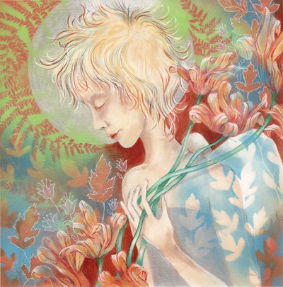 Dreamy Woman Holds Flowers by Regina Martisiene