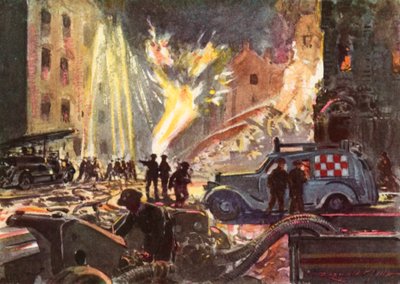 Firemen of the wartime British National Fire Service dealing with a burning gas main during the Blitz, World War II by Reginald Mills