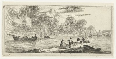 Coastline with Men Fishing in Shallow Water (series title: Various Embarkations and Other Deeds) by Reinier Nooms