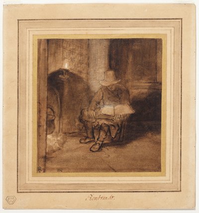 Interior, with a Man Seated by a Fire, Reading by Lamplight by Rembrandt Harmensz. van Rijn (circle of)