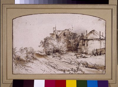A haystack near a farm by Rembrandt Harmensz. van Rijn