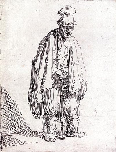 Beggar in a High Cap Standing by Rembrandt Harmensz. van Rijn