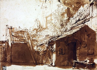 Farmhouse in Light and Shadow by Rembrandt Harmensz. van Rijn