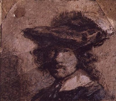 Self Portrait with a Plumed Hat and White Collar by Rembrandt Harmensz. van Rijn