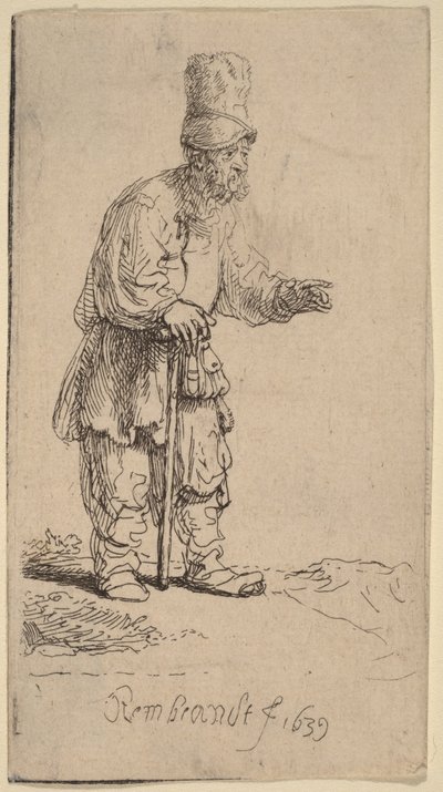 A Peasant in a High Cap, Standing Leaning on a Stick by Rembrandt van Rijn
