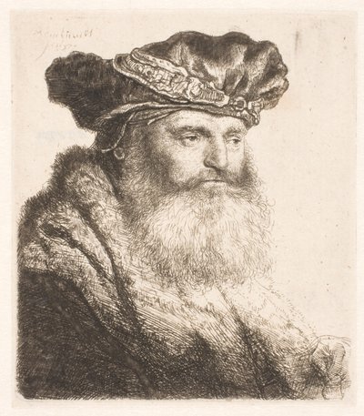 Bearded Man Wearing a Velvet Cap with Jewel Clasp by Rembrandt van Rijn